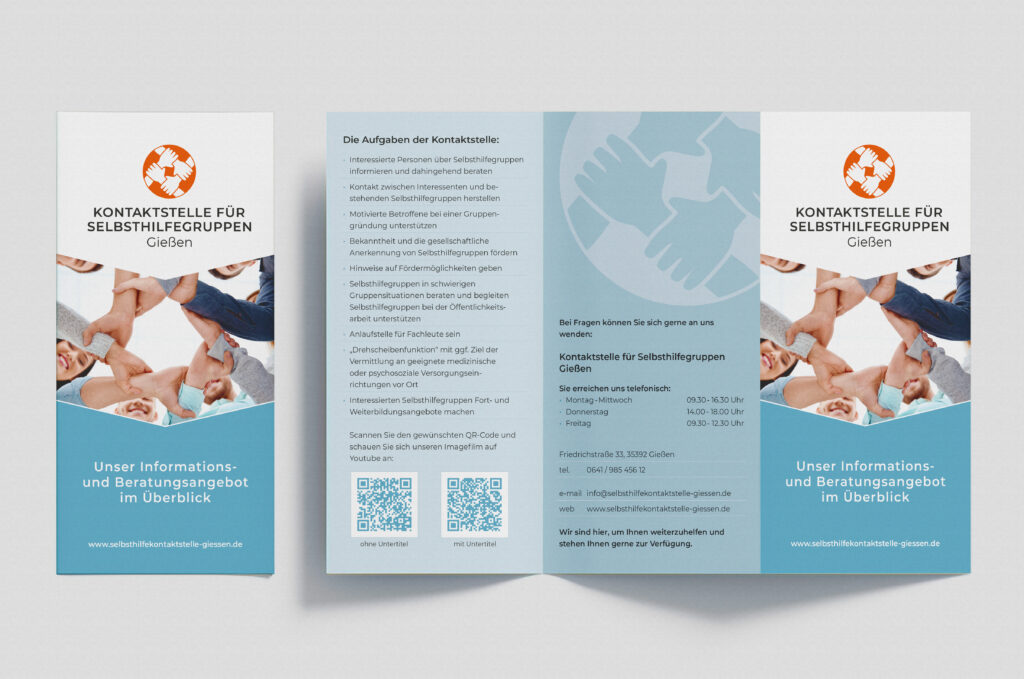 Beitragsbild zu Infomaterialien – Kontaktstelle für Selbsthilfegruppen in Giessen – aufgeklappter Info-Flyer der Kontaktstelle Gießen